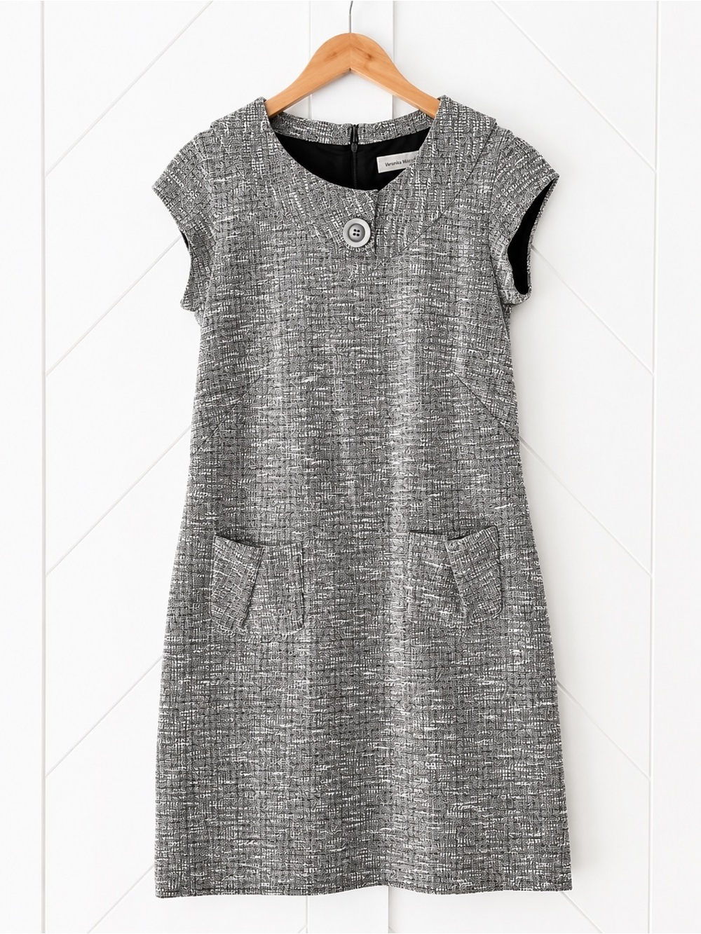 Veronika Maine Black White Textured Knit Tweed Shift Dress Pockets Size 8